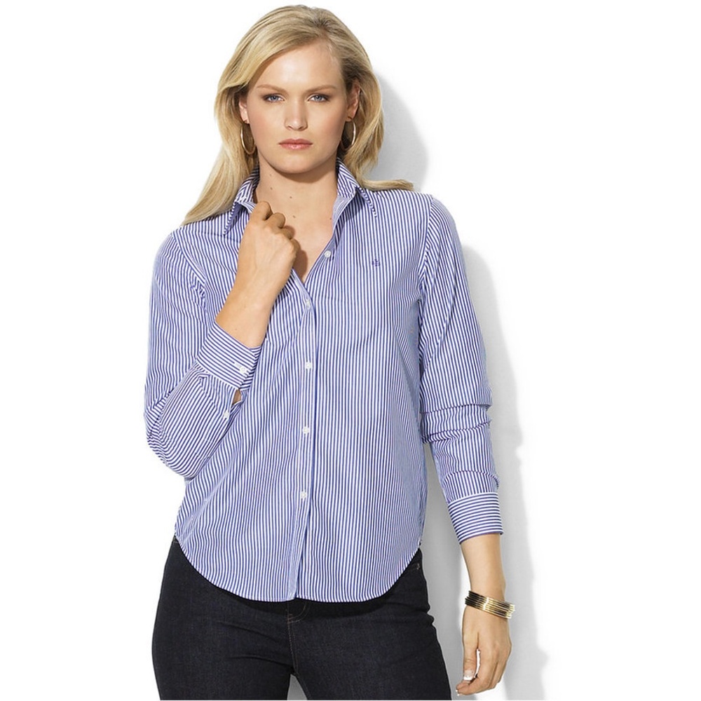 LAUREN by RALPH LAUREN Blue & White Striped Button Down Blouse Shirt 3X & 2X